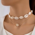 Bohemian double-layer choker with natural cowrie shells and gold shell pendant necklace - Multi-layer Gold Chain Fan Shell Style (24629-gold)