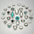 Bohemian vintage 28-piece ring set with green turquoise and floral ethnic designs - 28PCS / Antique Silver (26707-blue)