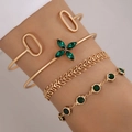 Vintage gold twist bracelet set with four pieces featuring green marquise gemstones - Vintage Floral And Green Gemstone Four Piece Gold Bracelet Set (23654-green)