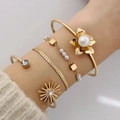 Set of 4 vintage gold bracelets featuring pearls, twist links, and sunburst pendants - Sunflower and Artificial Pearl Four-Piece Gold Bracelet Set (26448-gold)