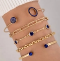 Five-piece gold bracelet set featuring blue gemstones and twisted chain designs - Blue Imitation Gemstone and Paperclip Chain Five-Piece Gold Bracelet Set (23340-gold)