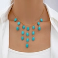 Bohemian gold necklace featuring turquoise beads in a layered fringe tassel design - Gold Tassel Turquoise Fringe Necklace (25438-blue)
