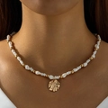 Bohemian beaded necklace with golden scallop shell pendant and white irregular beads - Single-Layer White Gold Scallop Beaded (31858-nek-G-EP)