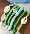 Bohemian multi-layer beaded bracelet featuring green beads and white shell accents - Fresh Green Ocean Beaded Set (31238-bra-green-EP)