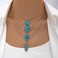 Boho-Mehrlagenkette in Silber mit Türkis-Anhängern und Muschel-Akzenten für Damen - Silber 4-Lagige Türkis Kreuz Blume Halskette (25453-silver)