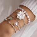 Layered beach bracelet set with shell, pearl and silver leaf charms for women - Silver Pearl Flower 5-Piece Set (23465-S)