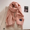 Pink and beige checkered thick knit scarf with long tassels on a beige wool coat - Pink (FYR-292-Pink)