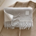 Light gray wool blend scarf with tassel edge and premium leather brand tag - 33x185cm / Plain Gray