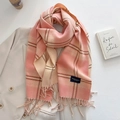 Pink and beige plaid tassel scarf with Elegant Classic label on a beige blazer - Pink (FYR-295-Pink)