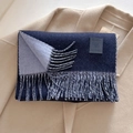Dark blue and light grey wool blend scarf with fringe edges and leather logo patch - 33x185cm / Navy Blue