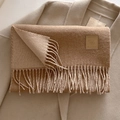Camel wool blend scarf with fringe edges and premium leather logo patch for winter - 33x185cm / Camel