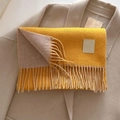 Double-sided wool scarf with yellow and beige fringe and woven brand label detail - 33x185cm / Ginger Yellow