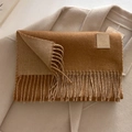 Classic camel wool blend fringe scarf with premium leather logo tag for winter - 33x185cm / Brown
