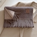 Dual-tone dark coffee and beige wool blend scarf with tassels and leather patch - 33x185cm / Khaki