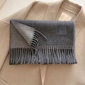 Dark gray wool blend scarf with tassels and leather logo patch on beige coat - 33x185cm / Plain Dark Gray