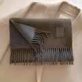 Dark grey wool blend scarf with tassel edges and leather tag for autumn winter - 33x185cm / Deep Olive Green