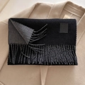 Soft black wool blend scarf with grey fringe detail and leather logo patch - 33x185cm / Black