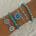 Bohemian silver turquoise 5-piece bracelet set with sunflower charms for women - Sun Pattern Silver Blue