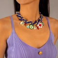 Bohemian choker ketting met blauwe acryl schakels en kleurrijke evil eye hart hangers - Blauwe Multi-element Stijl (27052-blue)