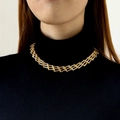 Detailed view of a gold geometric choker necklace with wide mesh chain on a black turtleneck - Dual-Track Trapezoid Mesh Style (26939) / Gold