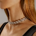 Detailed close-up of chunky silver mesh choker showing its geometric metal weave on neck - Dual-Track Trapezoid Mesh Style (26939) / Silver