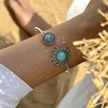 Bohemian open metal cuff bracelet with turquoise stones and vintage floral carving - Single Sunflower Bangle