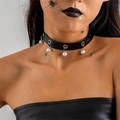 Close-up of a black velvet choker with silver metal eyelets and hanging white pearls - Pearl Drop Leather Style (27077-black)