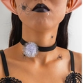 Close-up of black velvet choker with silver metallic puff ball on model with gothic makeup - Silver Shiny Pompom Velvet Style (27078-black)