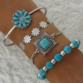 Bohemian four-piece bracelet set with turquoise stones and leaf floral designs - Plush Vintage Blue