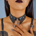 Close-up of black punk collar featuring shirt collar design and silver metal O-ring - Shirt Collar Ring Leather Style (27242-black)
