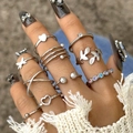 Set di anelli da nocca argentati con cristalli a cuore e motivi geometrici boho - Stile argento 23619