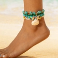 Detail of bohemian layered anklets with turquoise beads, starfish and shell on beach - Colorful Turquoise Starfish Style (27325-colour)