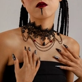 Gothic black lace choker with red teardrop beads and layered chains on model - Lace Multilayer Beaded Choker (27178-black)