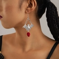 Gothic bat earrings with red skull pendants for Halloween, showing realistic metal wings - Vintage Silver Bat Red Skull (27156-silver)