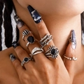 Gothic silver punk ring set featuring black gemstones and skeleton claw designs - Black Gem Skull Claw Style (27074-silver)