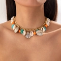 Close-up of bohemian chunky gold chain necklace with shells and colorful beads on a model - Gold Thick Chain Multicolored Shell Beads (29197-G)