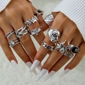 Gothic silver ring set with skull, snake, and poker card designs worn on fingers - 11-Piece Punk Skull Spider Black 8-Ball Style (30810-ring-S)