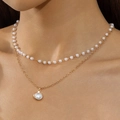 Zweilagige Goldkette mit Perlen-Choker und einem großen runden Perlenanhänger - Gold Umrandete Perle (30636-nek-G)