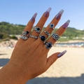 9pcs Gothic punk ring set with skull and spider charms featuring black gemstones - Black Gem Skull Style (27172-silver)