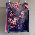 Close-up of floral embroidery and fringe detail on a blue winter pashmina shawl - Blue Pink Plum Blossom Style (GSJ-514-藏蓝色)