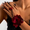 Gothic kanten vinger ketting armband met rode roos en vintage zwarte metalen ketting - Satijnen Roos Handharnas (27111-red)