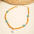 Detail view of Bohemian orange beaded necklace with blue starfish and shell pendants - Orange Round Bead Sky Blue Starfish Style (29409-2-orange)
