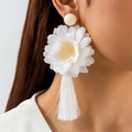 Close-up of white fabric flower earrings with long fringe tassels on model side view - White Flower Tassel (31569-ear-white-EP)