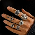 6pcs vintage silver punk rings set featuring gothic cross, skull, eagle, and evil eye motifs - Cross Skull Hand Punk Style (26190-silver)