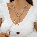 Close-up of layered Y-shaped necklace with colorful crystals and cross heart pendants - Pearl Multicolored Beads Layered Heart Cross (30741-nek-S)