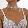 Close-up of lace knit colorful choker necklace and white top with sparkling rhinestones - Colorful Eyelash Yarn (27790-colour)