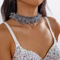 Detailed close-up of woven metallic choker with silver fringe and sparkling sequins - Silver Gray Sparkling Tassel (27793-grey)