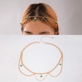 Bohemian gold chain headpiece with green beads and pearls displayed on model - Green Beads Pearl Style (24676-gold) / Gold Style (24676-gold)