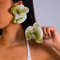 Macro detail of orchid earrings featuring realistic yellow-green petals and vein textures - Pale Yellow Green (27335-3-green)