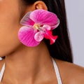 Detailed view of large orchid earrings with realistic pink gradient petals on model - Rose Pink Gradient (27335-6-rose red)